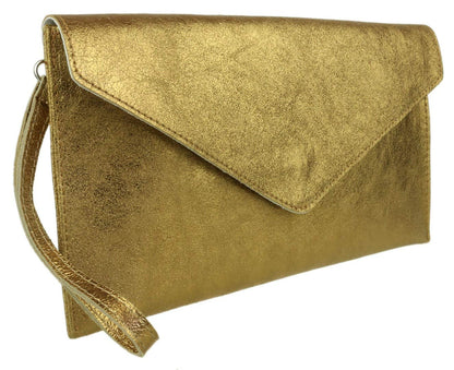 Girly HandBags Womens Italian Suede Leather Envelope Clutch Bag (Metallic Old Gold)