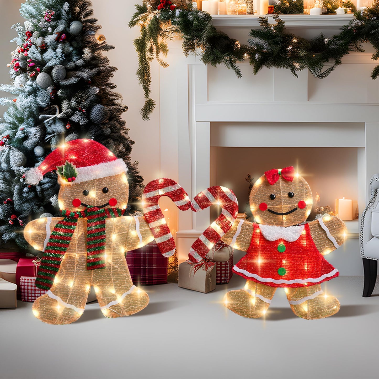 TW SHINE Christmas Outdoor Decorations Yard, Set of 2 Lighted 2D Gingerbread Man with 90 Warm White Lights, Light Up Gingerbread Man Couple for Xmas Holiday Front Garden Patio Lawn Display