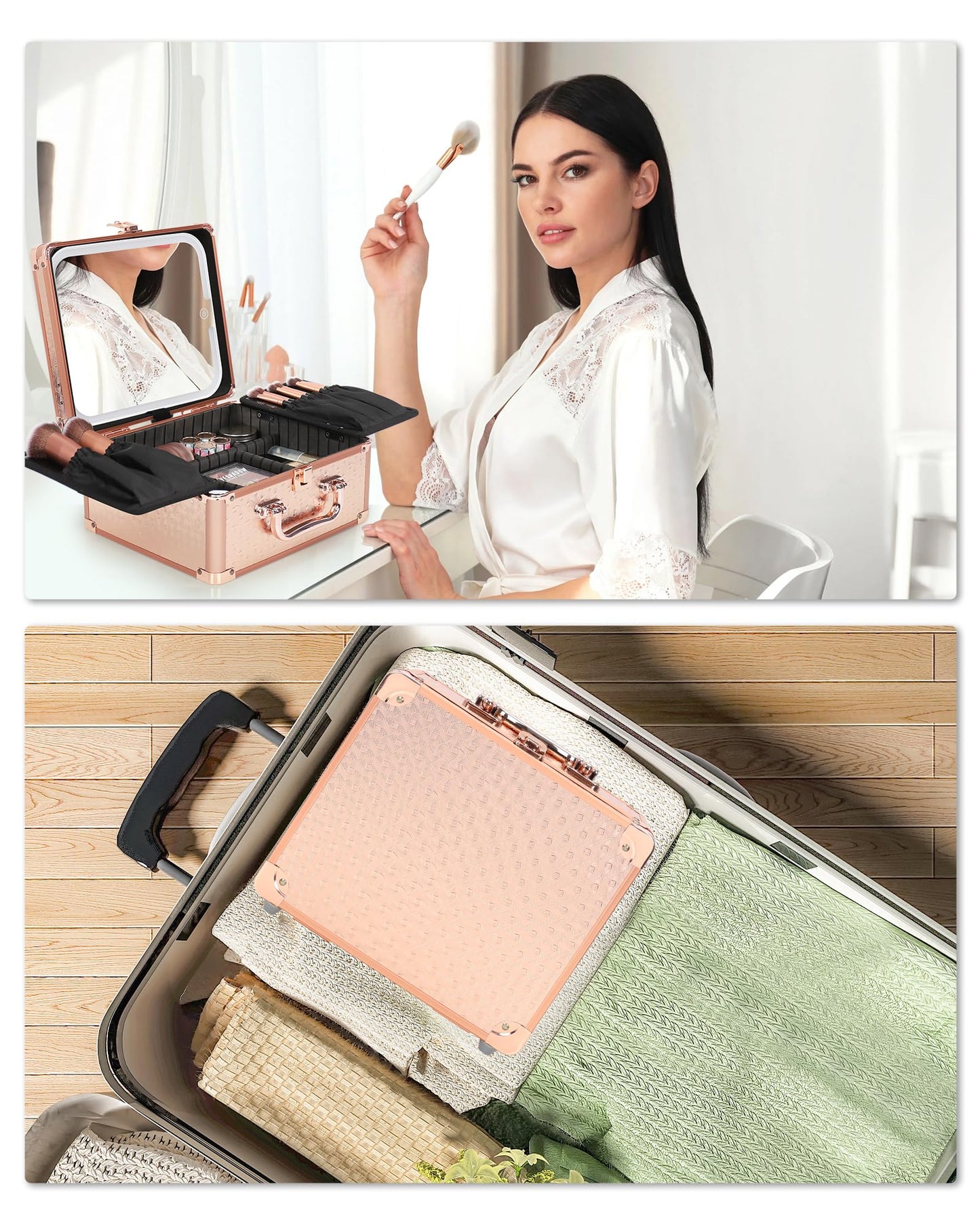 Relavel Makeup Bag with LED Mirror, Makeup Box Travel Train Case with Rechargeable Lighted Mirror, Cosmetic Brush Organizer Storage for Makeup Artists Gifts for Women and Girls, Rose Gold