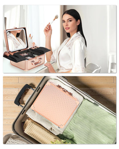 Relavel Makeup Bag with LED Mirror, Makeup Box Travel Train Case with Rechargeable Lighted Mirror, Cosmetic Brush Organizer Storage for Makeup Artists Gifts for Women and Girls, Rose Gold