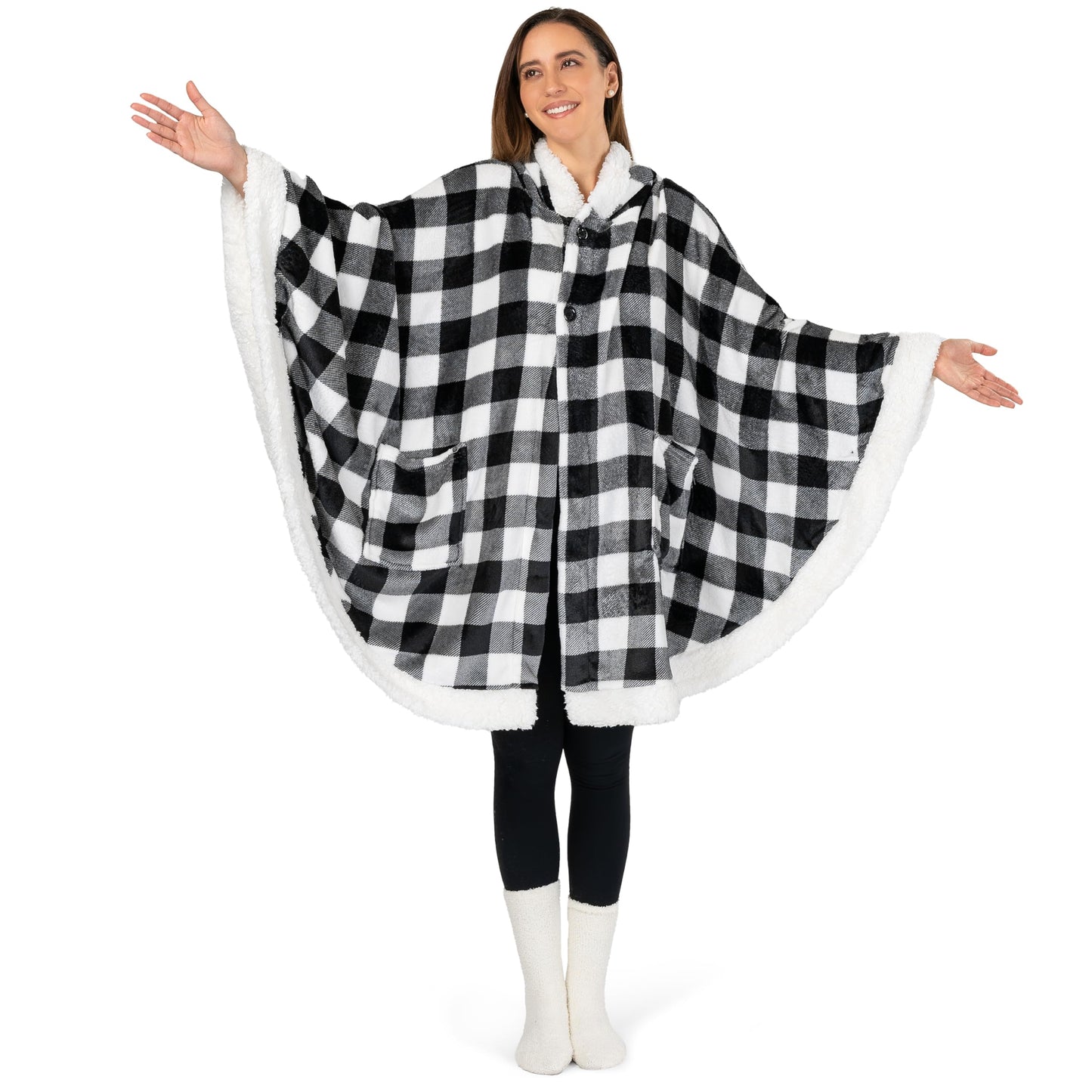 PAVILIA Hooded Blanket Poncho, Women Sherpa Fleece Shawl Wrap with Hood, Wearable Blanket Cozy Warm Poncho Cape Throw with Pockets, Gift for Elderly Mom, Black and White Buffalo Plaid Checkered