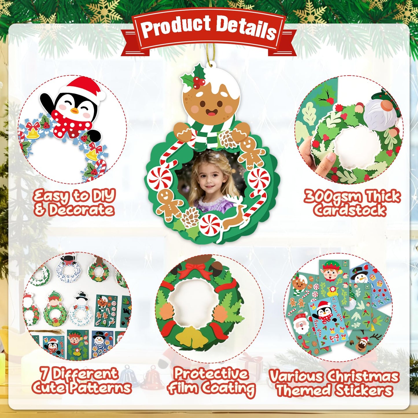 VABAMNA 28 Pack Christmas Picture Frame Craft Kit for Kids, Christmas Wreath Kit DIY Photo Frame Paper Crafts Gingerbread Snowman Hanging Ornaments for Xmas Tree Winter Art Home Classroom Activities