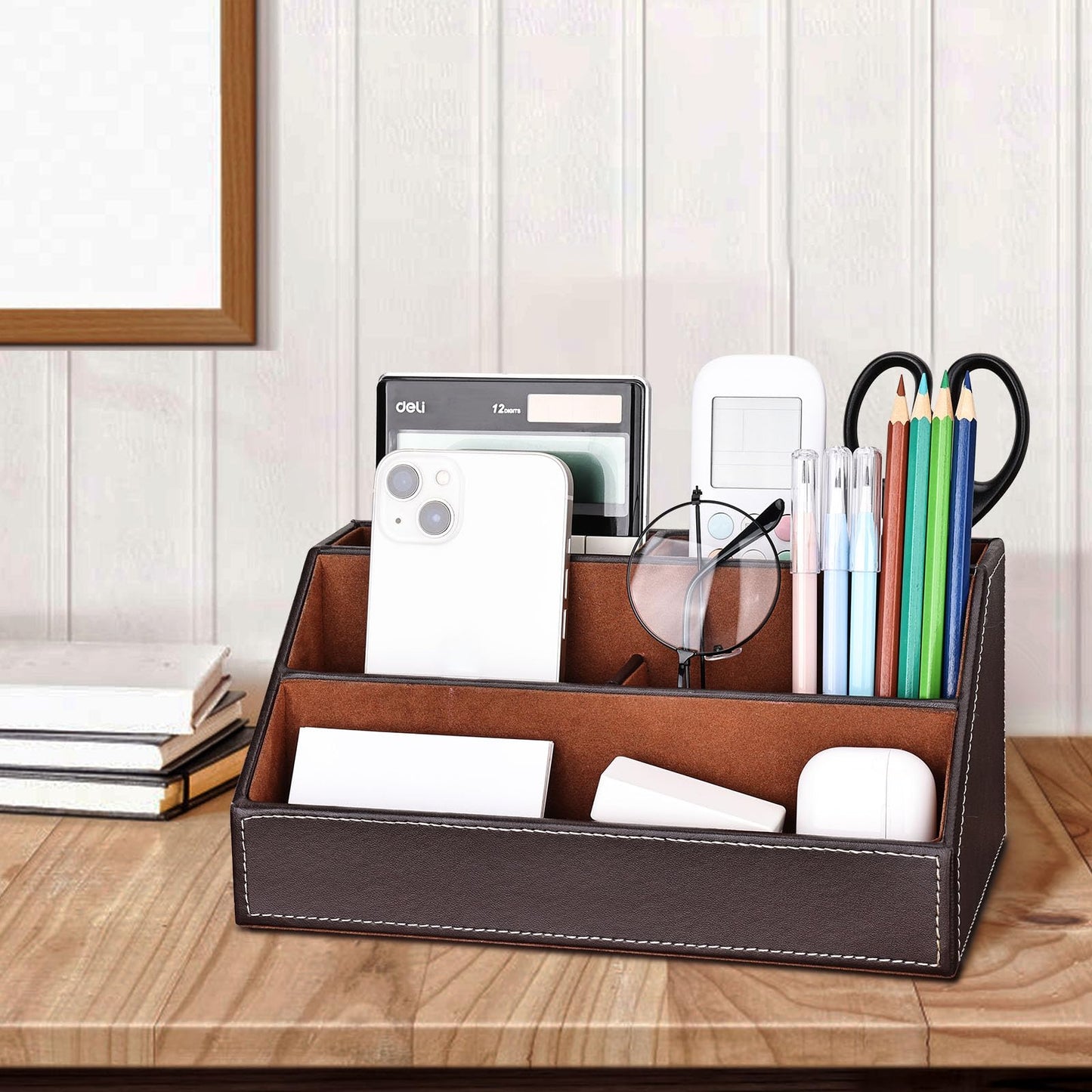 KINGFOM 5PCS Desk Organizer and Accessories Set, Pu Leather Office Supplies with Multifunction Desktop Organizer Storage Box, Tissue Holder, Mouse Pad, Note Paper Holder, Pencil Holder for Desk Brown