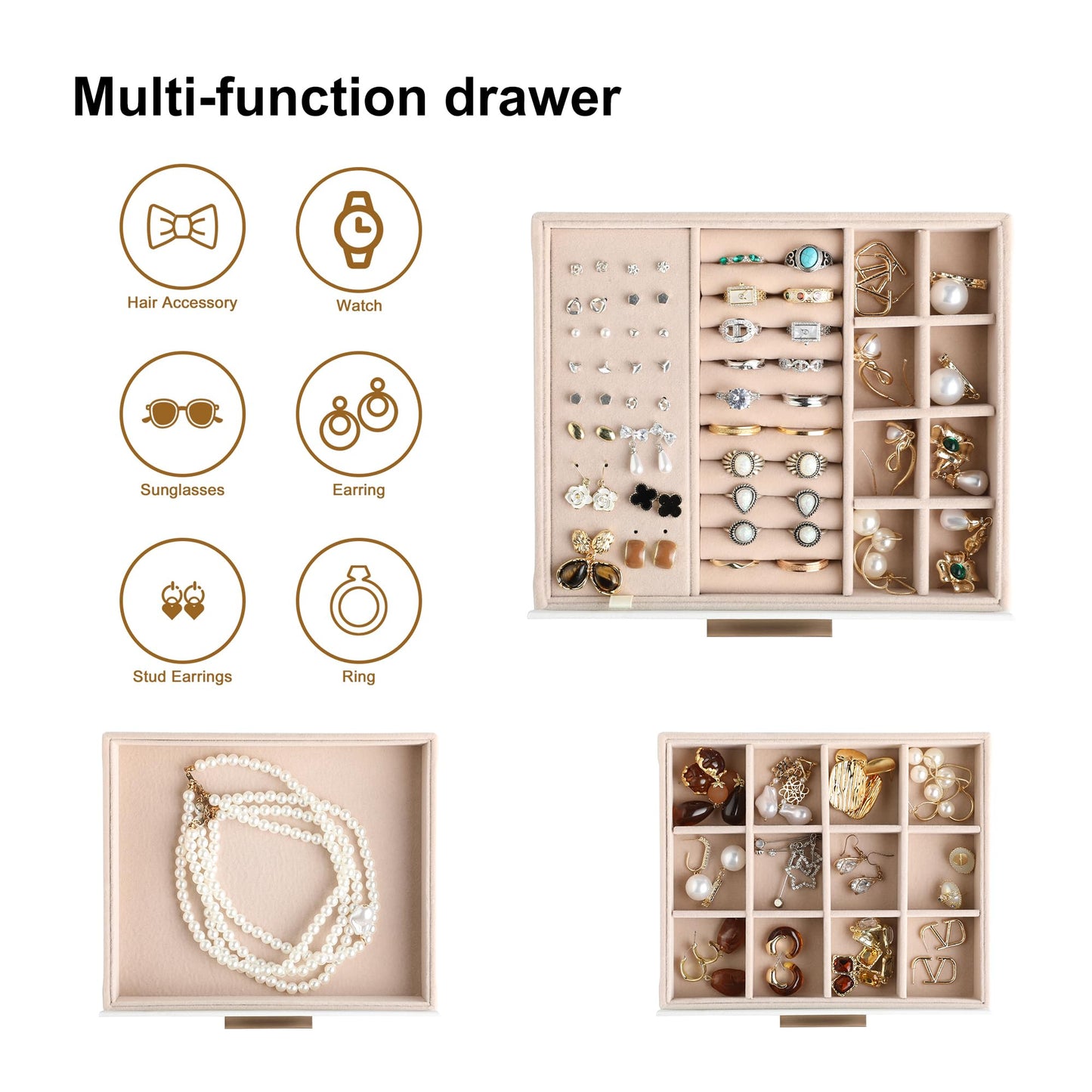 Frebeauty Clear Lid Jewelry Box,3-Layer Jewelry Organizer with Drawer,PU Leather Jewelry Organizers and Storage,Jewelry Boxes for Women,Jewelry Storage for Rings Earring Stud,Gift for Women(Beige)