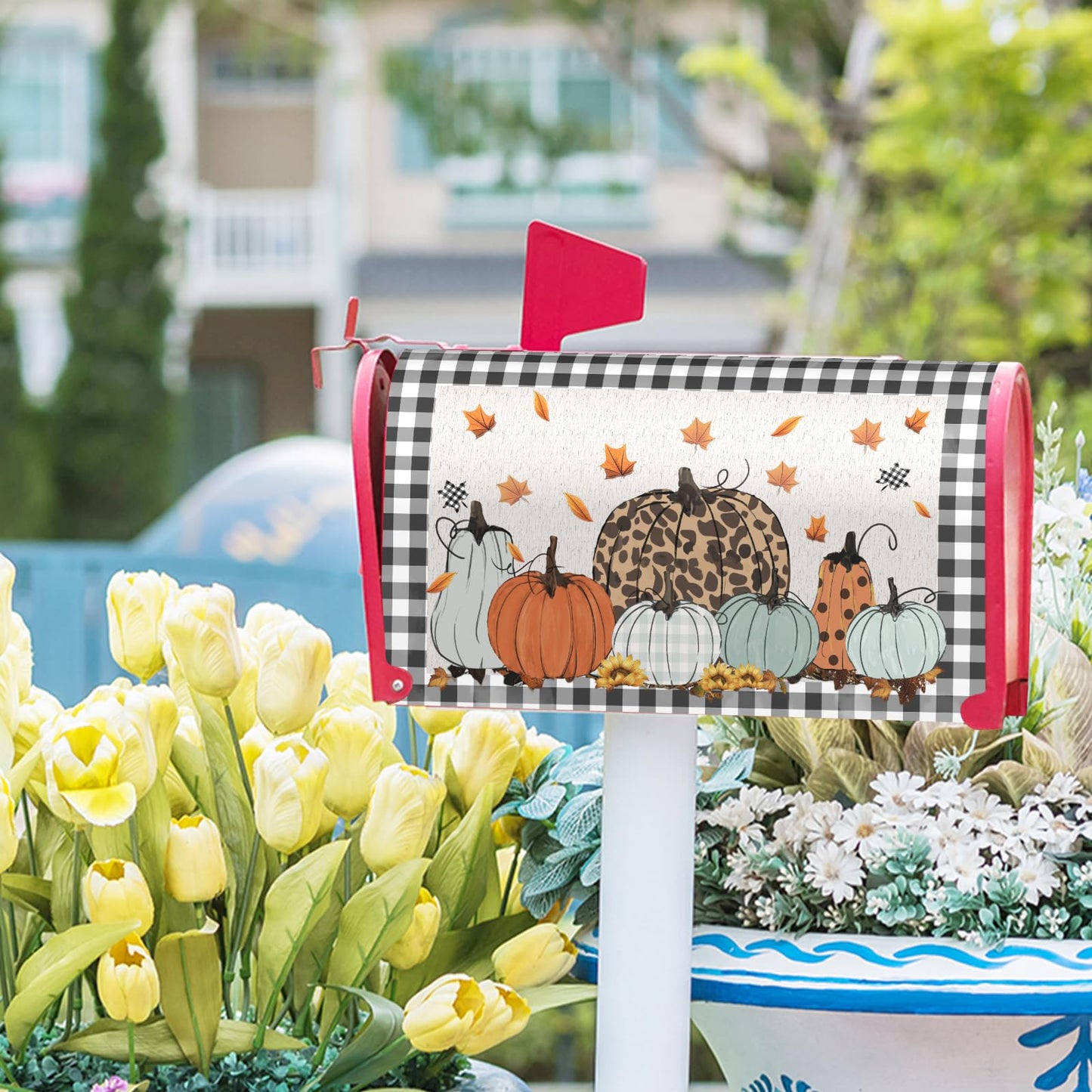 Fall Magnetic Mailbox Covers Buffalo Plaid Harvest Pumpkin Post Wraps Pumpkins Maple Leaf Decorative Waterproof Mail Box Covers Autumn Thanksgiving Holiday Letter Box Cover for Garden Yard 25.5x21inch