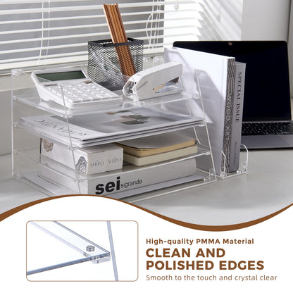 ACRYLATO, Acrylic Desk Organizer - 4-Tier Tray with Vertical File Holder for Books, Stationary, Letter, Magazines, Documents, and File Organizer - Durable Space Saving Storage, For Home and Office