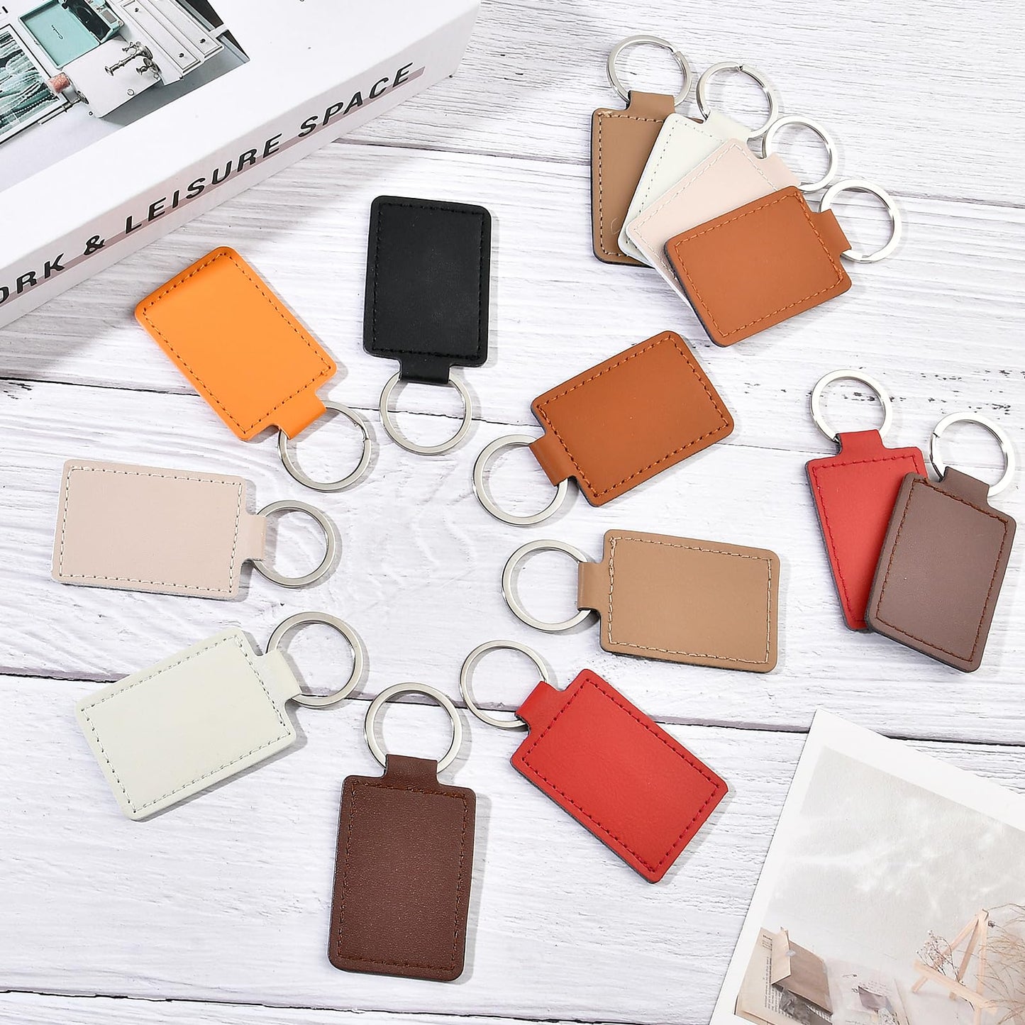 Aemygo 40 Pcs Leather Key Fob Kit, PU Leather Keychain Blanks with Key Rings, Rectangular PU Blanks Engraving Keychain Bulk for DIY Crafts, Laser Stamping