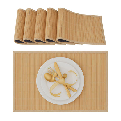 Relaxdays Table Set of 6 Place Mats, Bamboo, 6 Non-Slip Placemats, Washable, 30 x 45 cm, Natural Brown, Wood, 30 x 45 x 0.3 cm