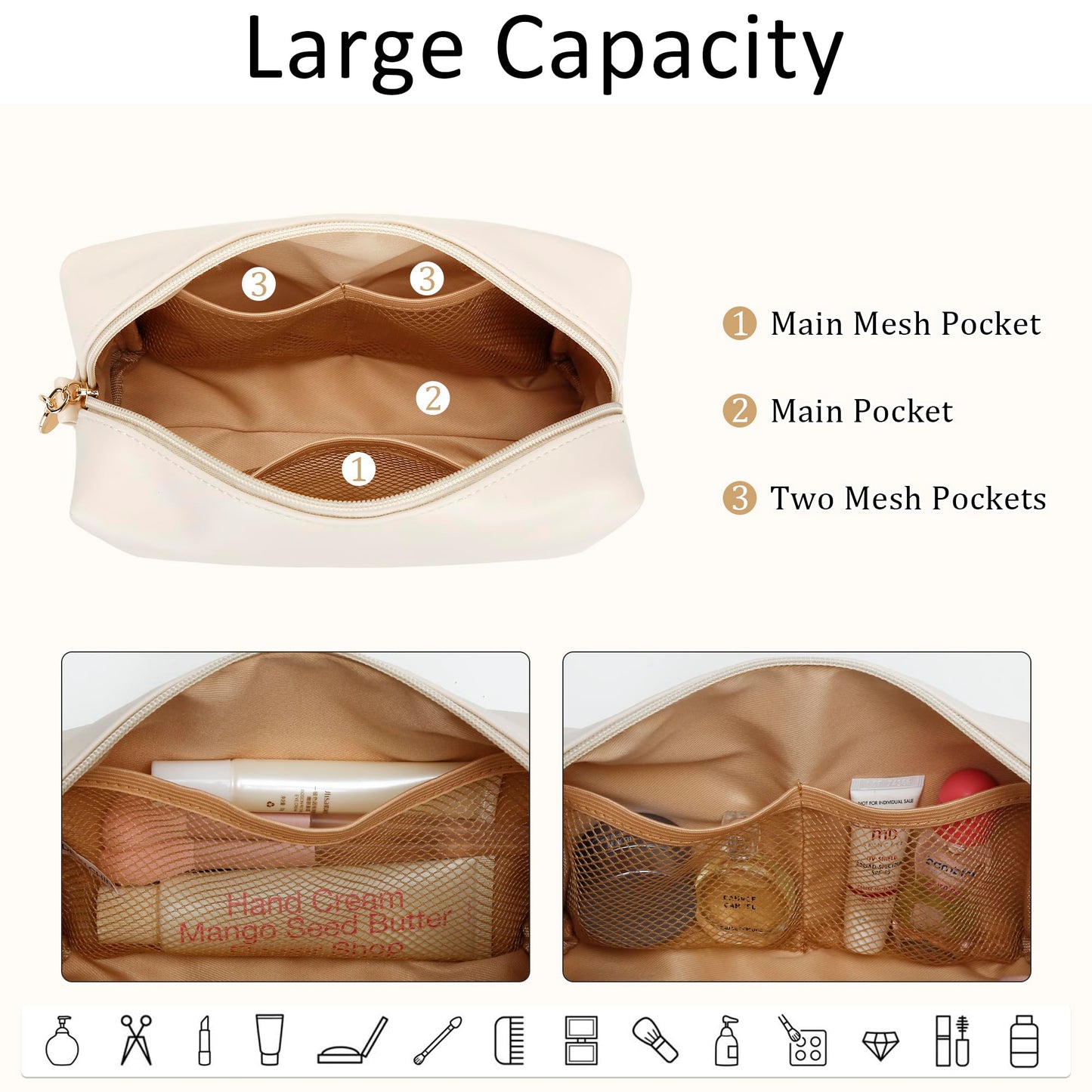 CLOUDWINGS Gifts for Women Bridesmaid Gifts Personalized Initial Makeup Bag PU Leather Cosmetic Waterproof Travel Toiletry Bag (Beige S)