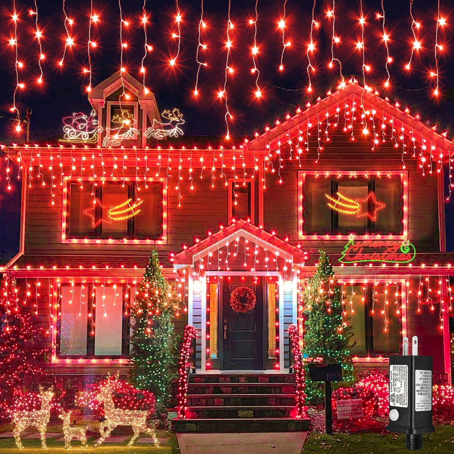 Einiiya Icicle Lights for Outside, 66ft 640 LED Icicle Christmas Lights Outdoor with 120 Drops 8 Modes, Waterproof Red Christmas Light for House Plug in for Indoor Party Holiday Halloween Decorations