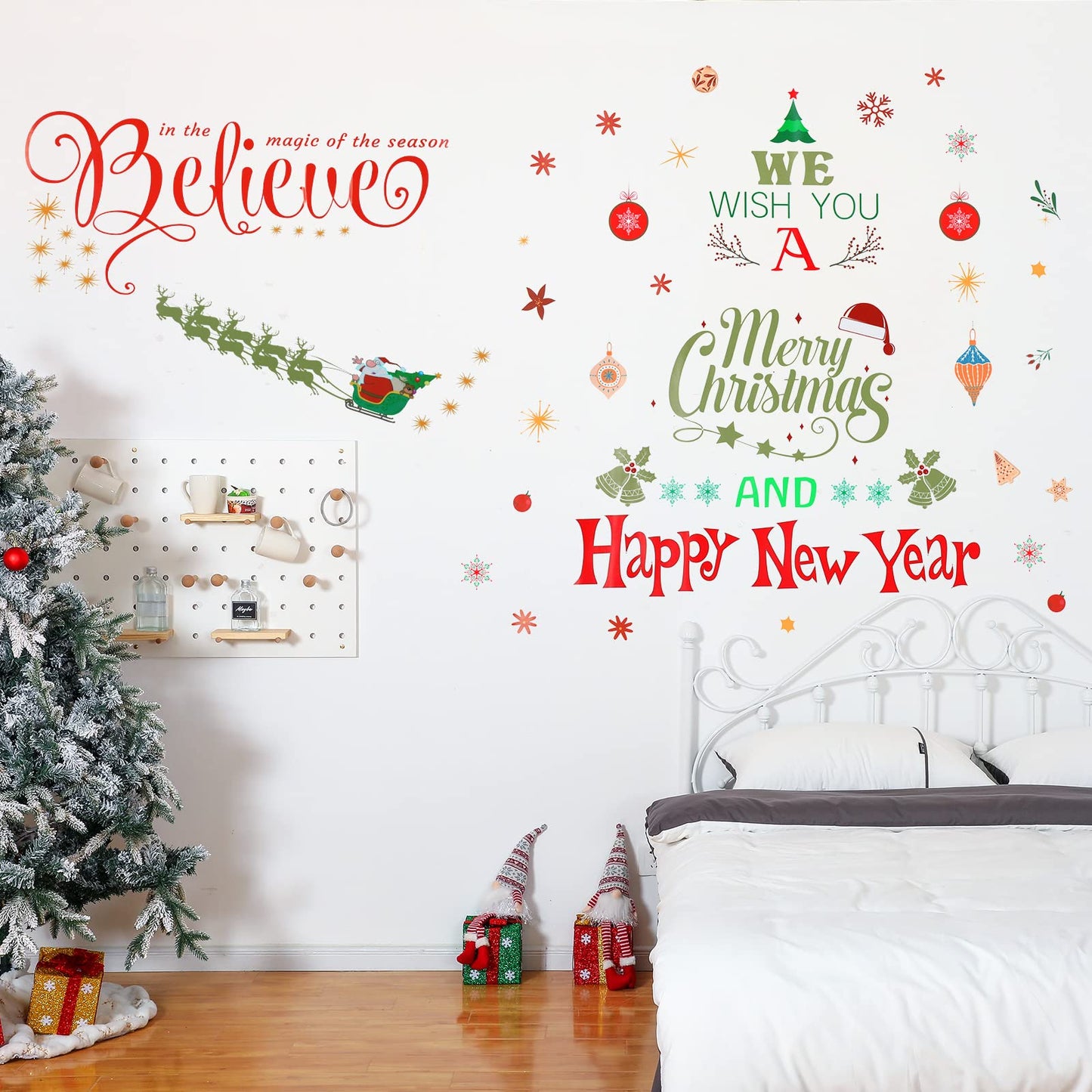 Large Christmas Wall Decals Stickers - Believe Quotes Decals, Tree Door Stickers Merry Christmas Wall Decorations Xmas Bathroom Fireplace Decor for Party Window Supplies - Removable