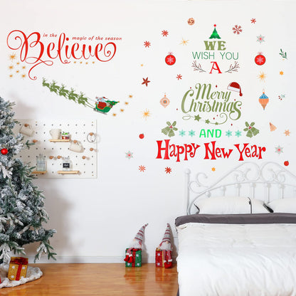 Large Christmas Wall Decals Stickers - Believe Quotes Decals, Tree Door Stickers Merry Christmas Wall Decorations Xmas Bathroom Fireplace Decor for Party Window Supplies - Removable
