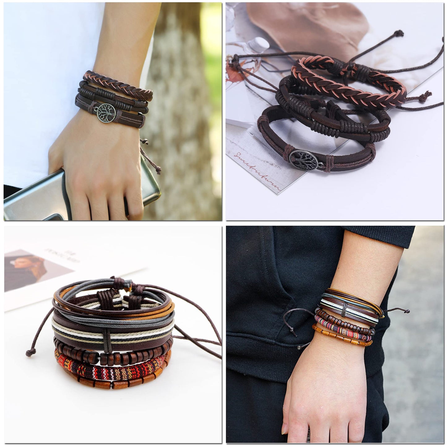 MOZAKA 36Pcs Braided Leather Bracelets for Men Women Handmade Wrap Woven Cuff Bracelets Wooden Beaded Bracelets Vintage Ethnic Tribal Wristbands Bracelet Set Adjustable