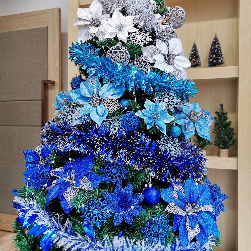 24 Set Christmas Blue Glitter Poinsettia Flowers Picks Christmas Tree Ornaments for Winter Blue Teal Christmas Tree Wreaths Garland Holiday Seasonal Wedding Decorations White Gift Box Included