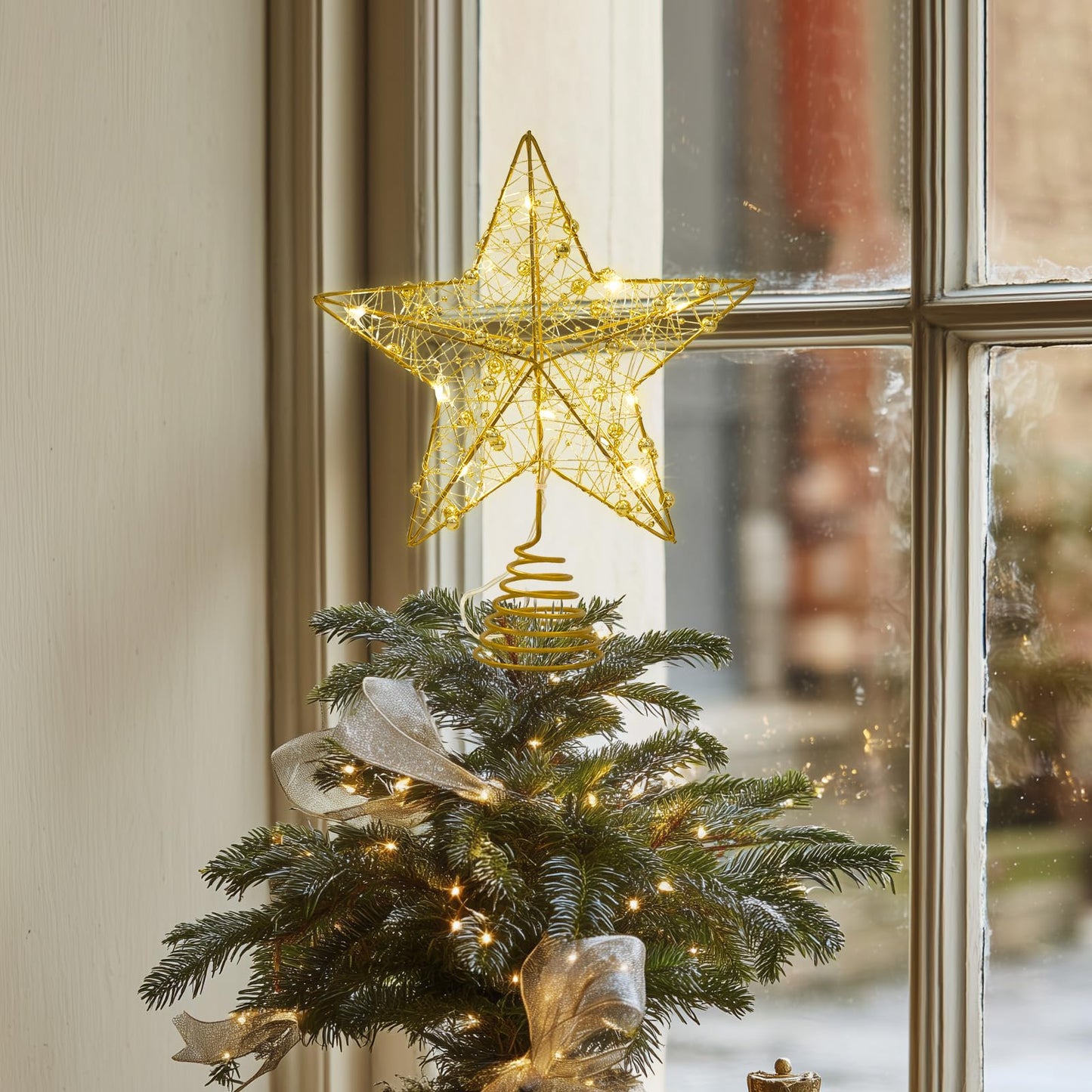 Athoinsu Light up Christmas Tree Topper Star 10 Inch Gold Glitter Christmas Ornaments Decoration with Warm LED Lights, Xmas Tree Topper Ornament for Holiday Christmas Party Home Decor