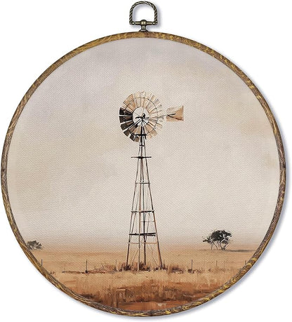 Fewgb Vintage Windmill Farmhouse Round Wall Art Decor Framed for Kitchen Bedroom Living Room, Rustic Farm House Canvas Wall Art Prints Picture, Country Cottagecore Hanging Room Decor Artwork 10x10
