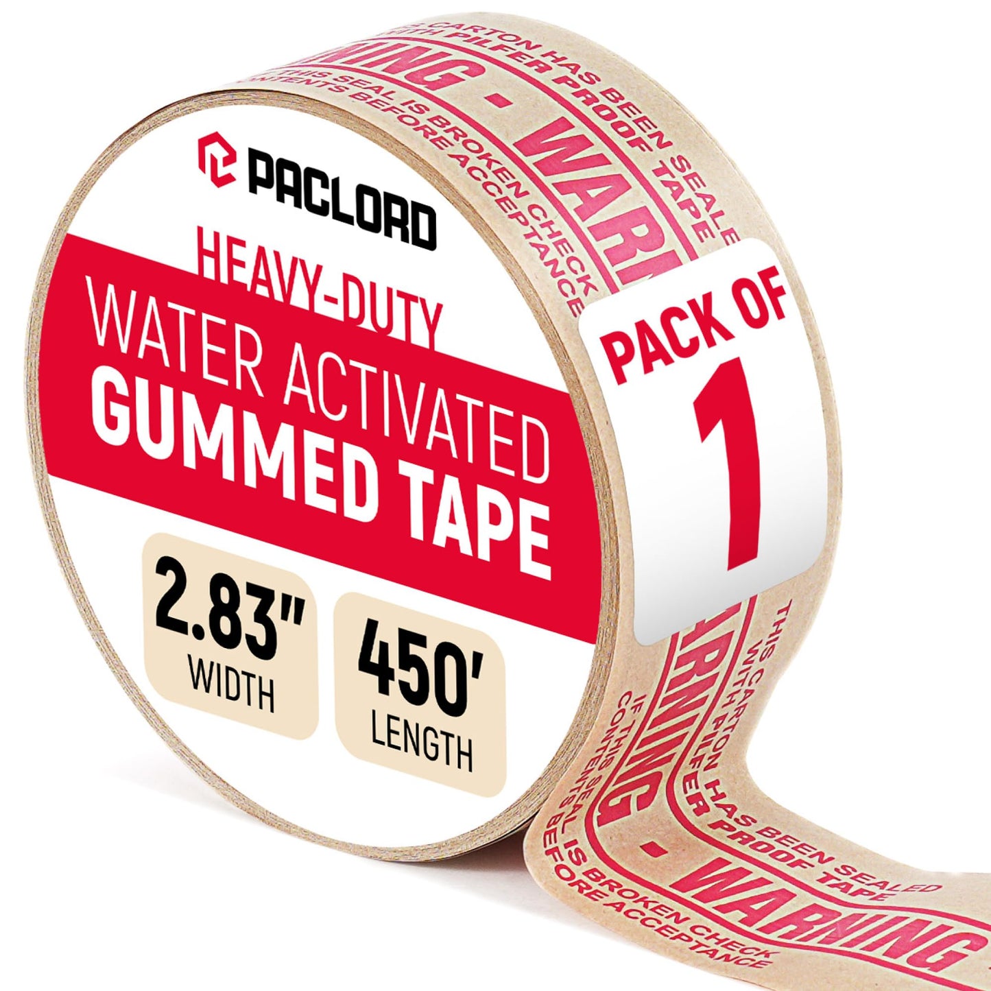 2.83" x 450' Water Activated Kraft Tape, Pack of 1 – Reinforced Gummed Paper Packing Tape for Shipping Boxes, Tamper-Proof, Eco Friendly, Strong Seal, Printed - Warning Tape