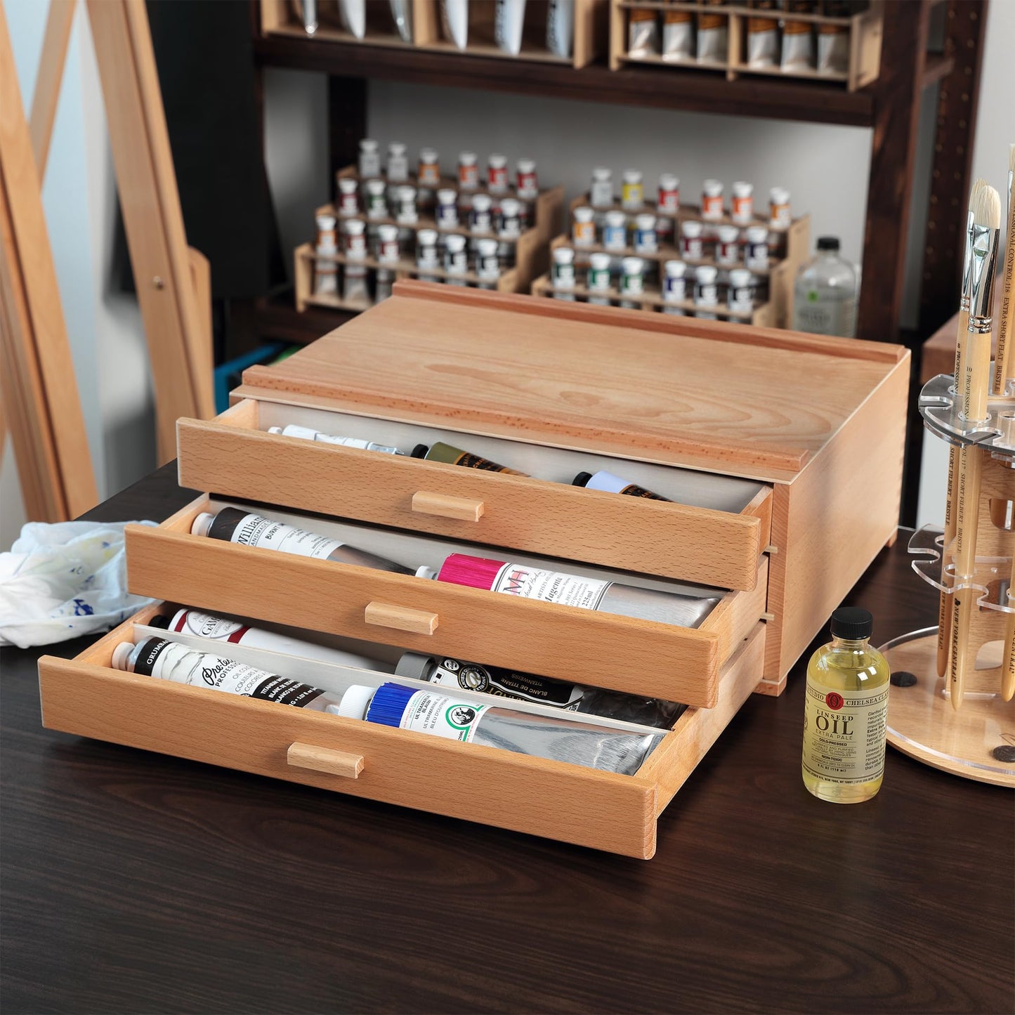 HG Art Concepts Artists Storage Chests - Deluxe 3 Drawer - 2 Pack - Premium Aesthetic Studio Organizer for Paint Tubes, Brushes, Pencils, Markers & More