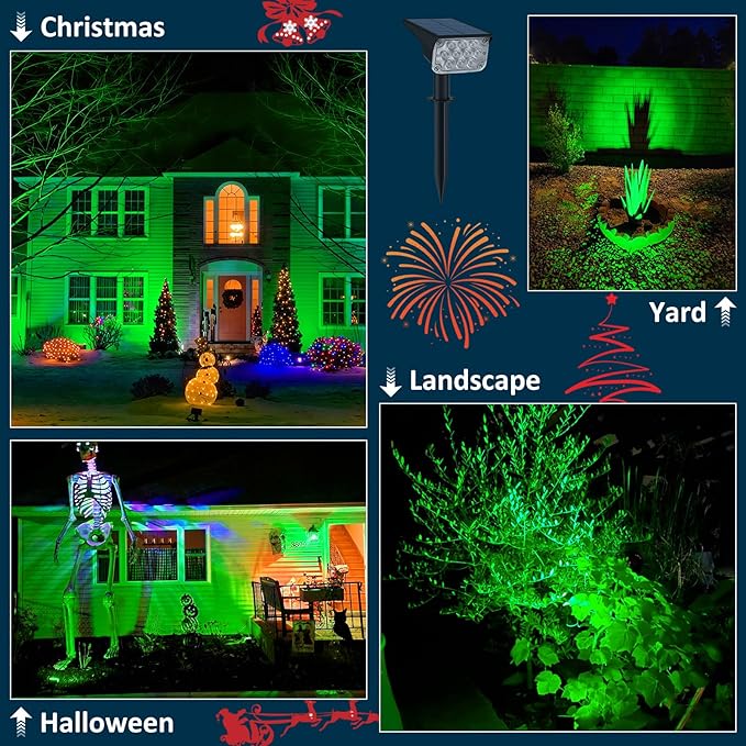 T-SUNUS Christmas Green Solar Spot Lights Outdoor, Landscape Spotlights 2 Modes Dusk to Dawn Waterproof IP65 for Accent Uplighting Tree St. Patrick's Day Yard Statue Graveyard Driveway Flag Halloween