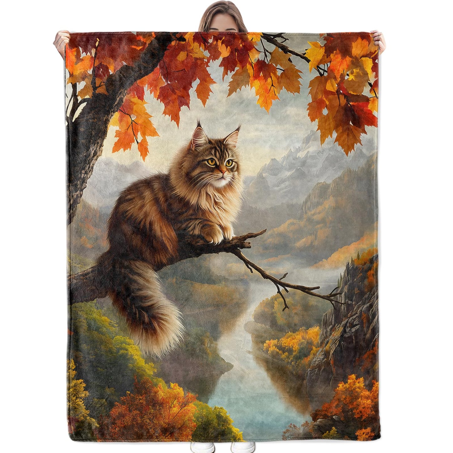 Bidesk Adorable Cat Blanket Soft Flannel Kitten Throw Blanket with Maple Leaves, Cozy & Warm Yet Lightweight Blankets for Travel, Couch, Bed, for Men Women Adults, Fuzzy Outdoor Comfort Wrap 60"×50"