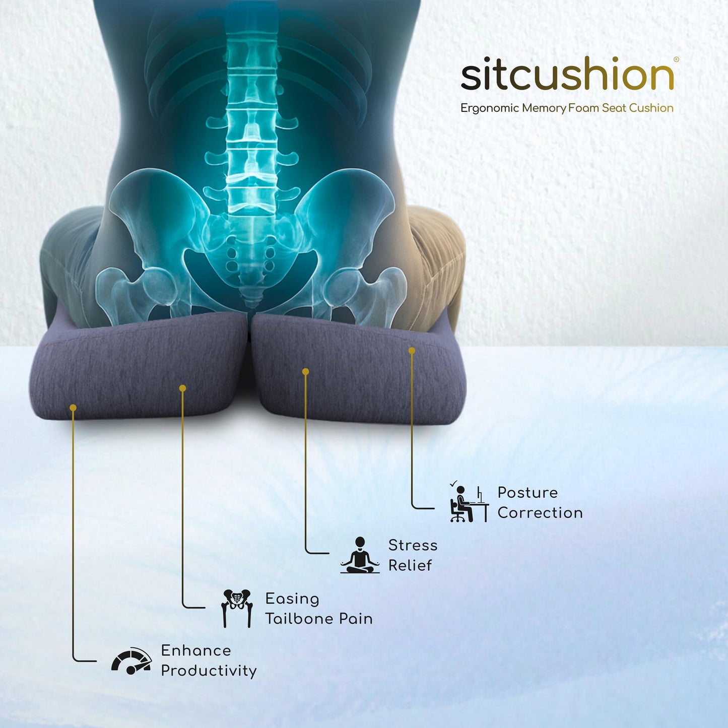 SitCushion Car Seat Cushion for Long Driving – X Large Memory Foam Seat Cushion for Sciatica & Tailbone Pain Relief, Orthopedic Coccyx Cushion with Non-Slip Bottom, Back Pillow for Car, Truck (Black)