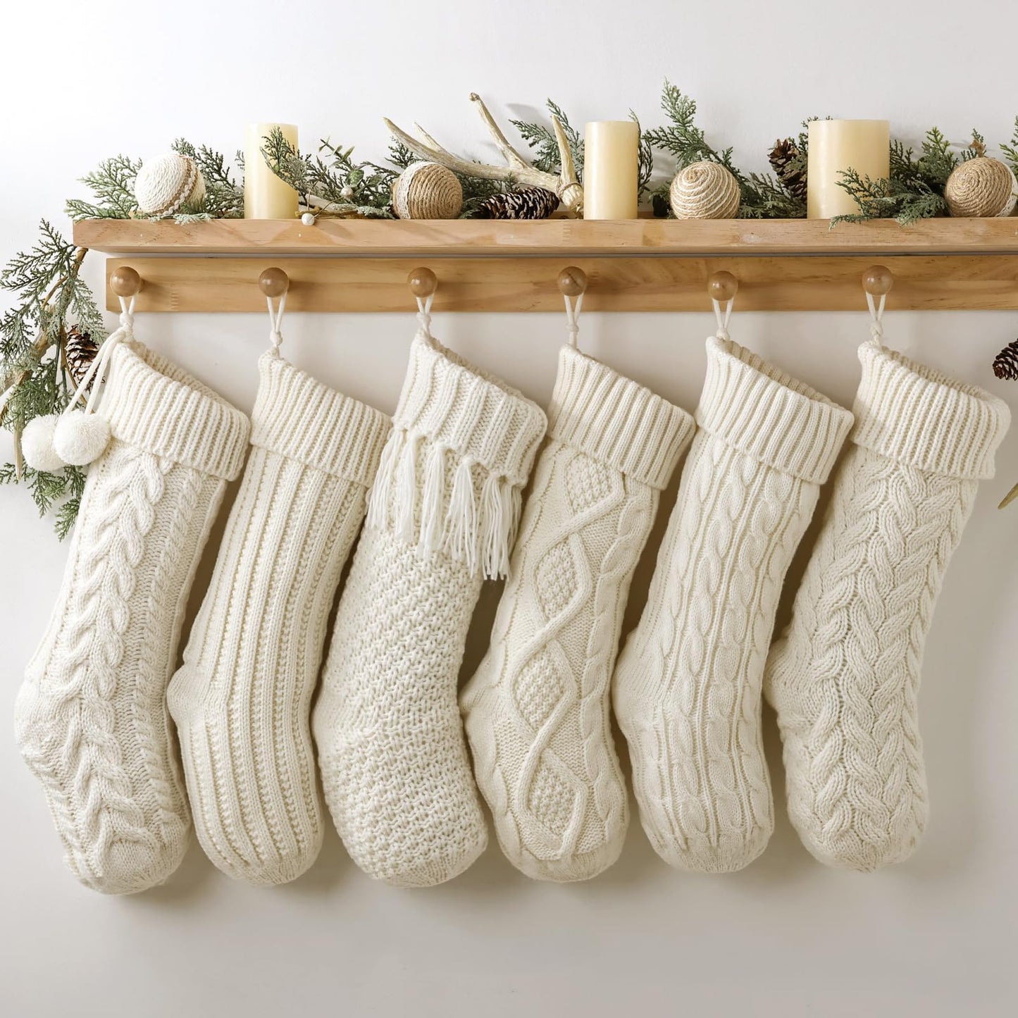 Christmas Stockings: 6 Pack 18 Inch Cream White Cable Knit Personalized Christmas Stockings, Rustic Hanging Xmas Stockings Farmhouse Boho Beige Knitted Stockings Decorations for Family Holiday Decor