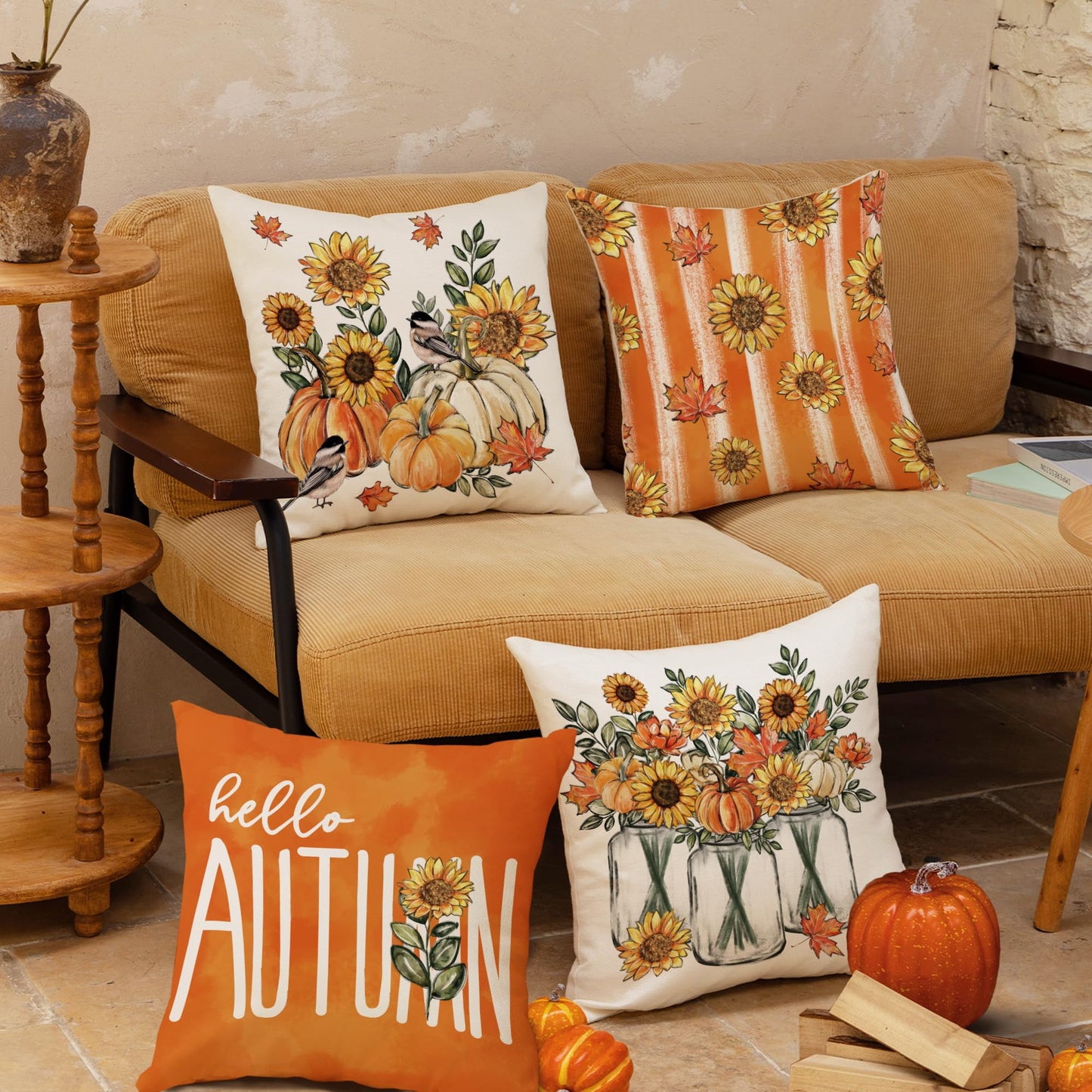 Tikeciti Fall Sunflower Pillow Covers Orange Pumpkin 18 x 18 Inch Throw Pillows, Thanksgiving Hello Autumn Floral Seasonal Decorative Farmhouse Cushion Case for Sofa Couch Set of 4