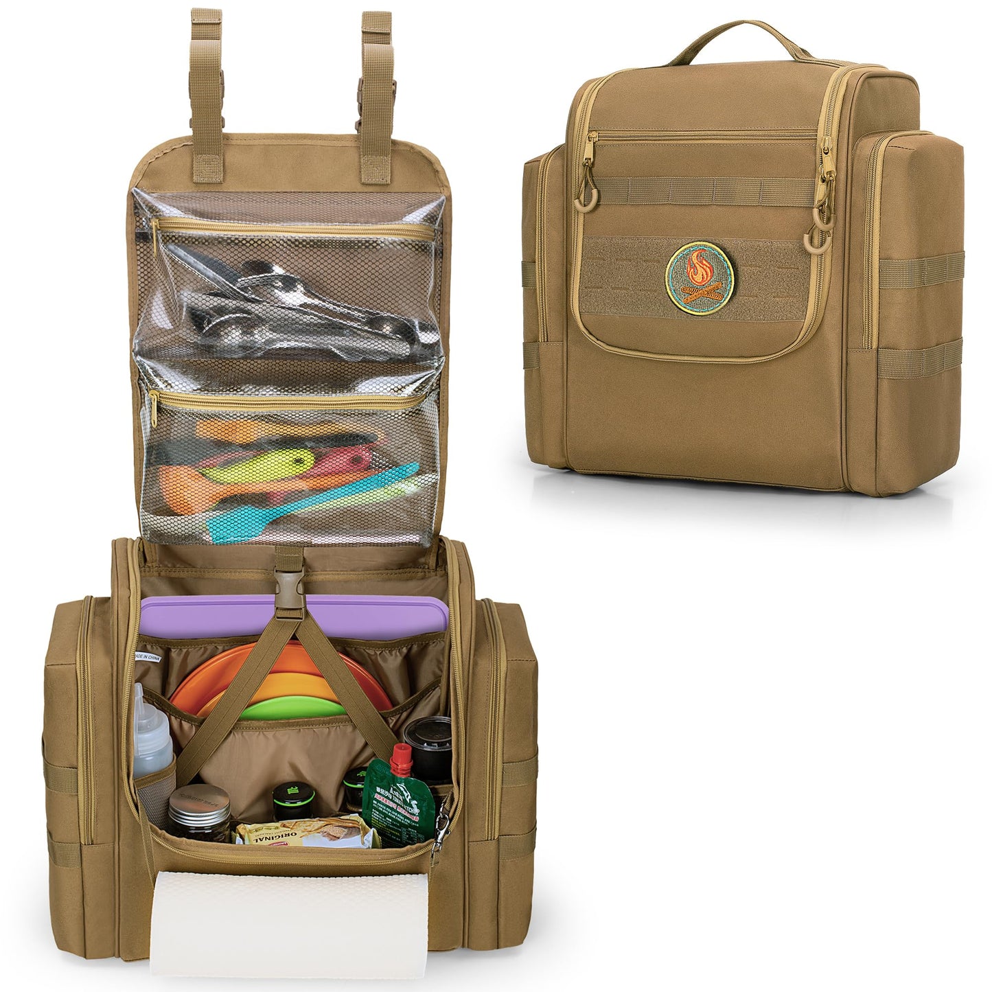 HODRANT Large Tactical Camping Kitchen Organizer, Hanging Cookware Storage Bag with Paper Towel Holder & Multi Pockets, Portable Camp Utensil Organizer for BBQ Cooking Essentials, Khaki, Bag Only