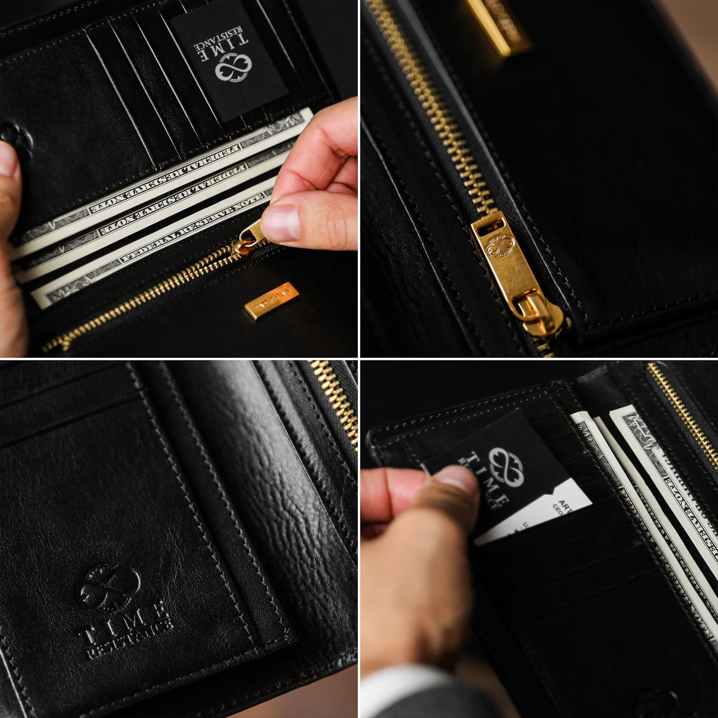 Time Resistance Long Leather Wallet - Bifold Mens Suit Leather Wallet - Checkbook Wallet - Tall Billfold Card Case - Slim Wallet Made in Italy (Black)
