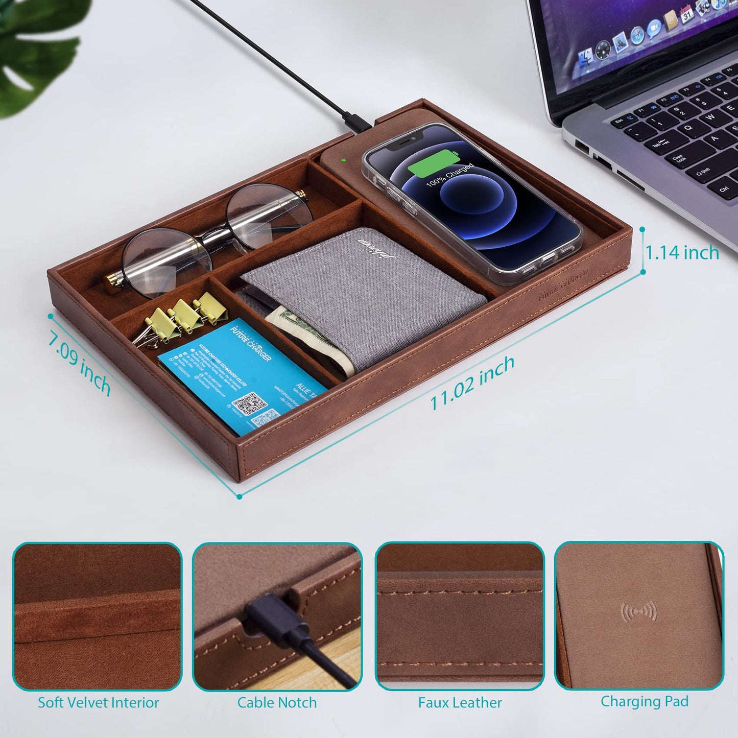 Valet Tray, Built in Wireless Charging Pad, Nightstand Organizer, Dresser Organizer, Mens Jewelry Box, Valet Charging Station, Faux Leather Valet Tray for Men and Women, Brown