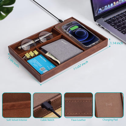 Valet Tray, Built in Wireless Charging Pad, Nightstand Organizer, Dresser Organizer, Mens Jewelry Box, Valet Charging Station, Faux Leather Valet Tray for Men and Women, Brown
