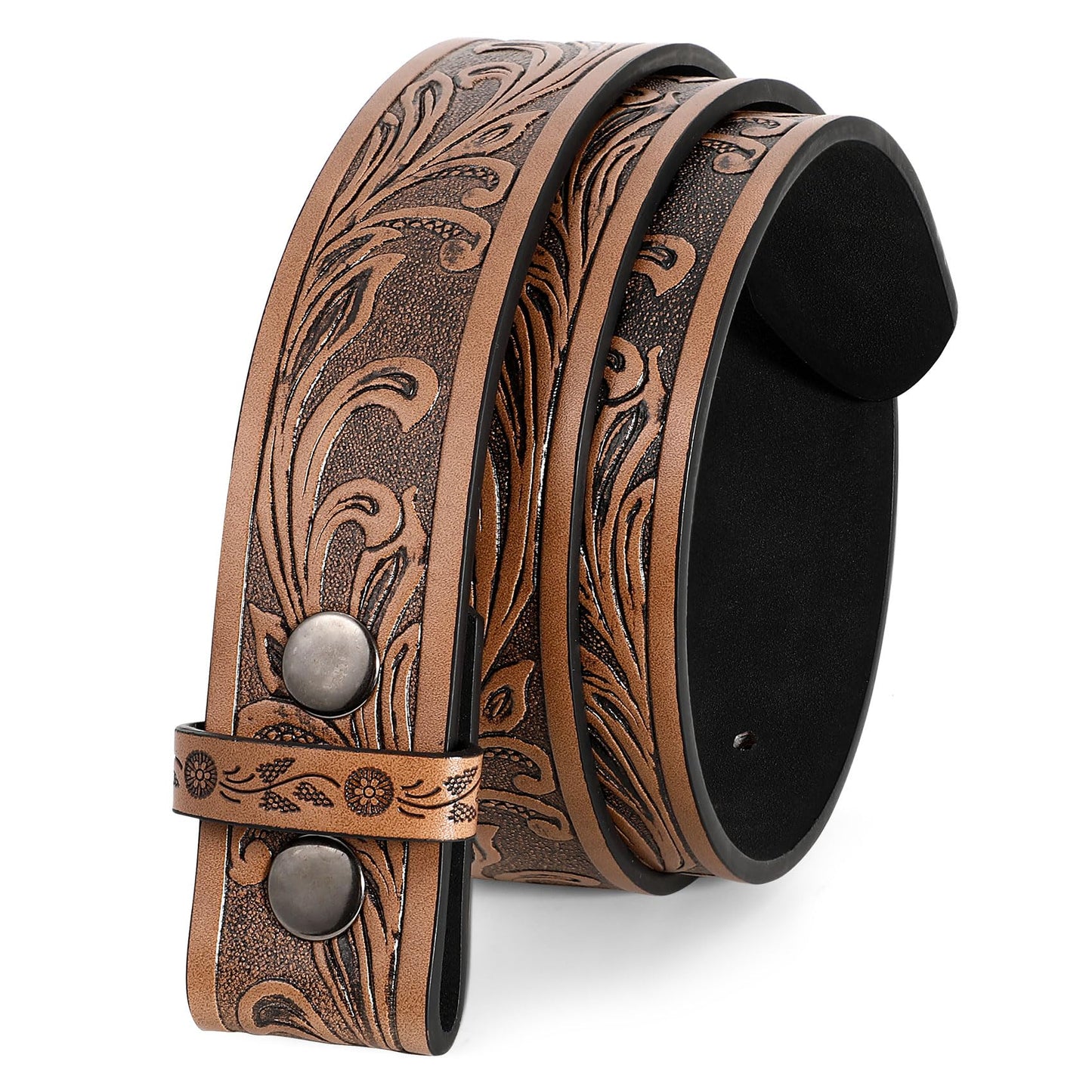 UpFind Men Women Western Belt Strap for Jeans Dress Cowboy Cowgirl Floral Embossed Leather Belt Strap without Buckle 1.5" Wide,Brown