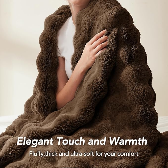L'AGRATY Faux Rabbit Fur Blanket: 50" x 60" Luxury Soft Fluffy Thick Fur Throw Blanket for Couch Bed Sofa - Cozy Plush Bubble Blankets for Winter: Warm Flannel Fleece Decorative Blanket(Cocoa Brown)