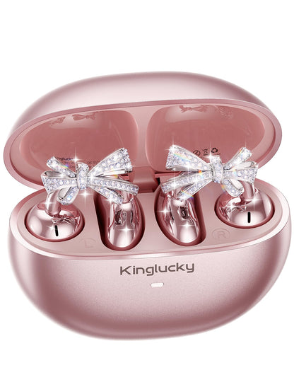 Kinglucky Jewelry-Inspired Clip-On Earbuds with Bow Earrings, Comfortable Fit & 50H Playtime Open Ear Bluetooth 5.4 Wireless Headphones for Women, Small Ears, Sports & Workouts (Pink)