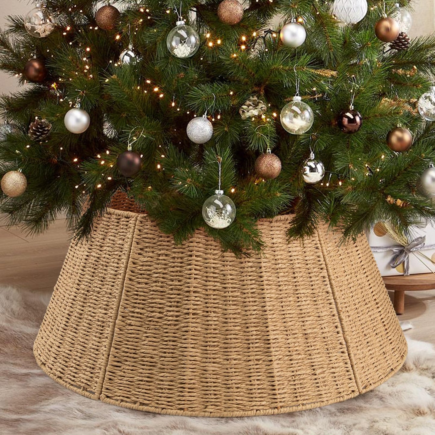 Kafuzi Christmas Tree Collar,24in Woven Christmas Tree Collars for Artificial Trees,Rattan Ring Base Cover Rustic & Farmhouse Holiday Decorations -Natural