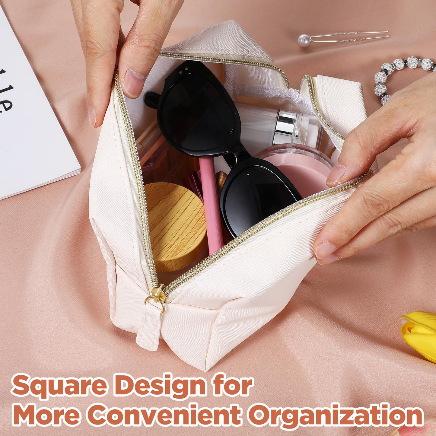 8 Pcs Makeup Bag Pu Leather Cosmetic Pouch Waterproof Small Toiletry Bag Portable Cosmetic Organizer Water Resistant Storage Purse for Lady Women Daily Storage Travel Organizer (Beige,Medium) ﻿