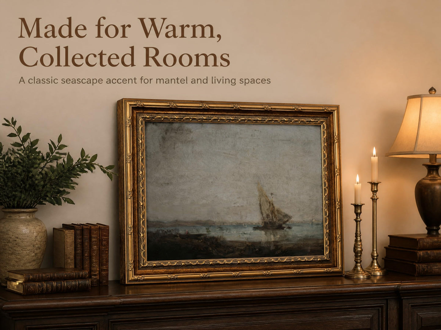 KKP Antique Gold Framed Coastal Wall Art, Vintage Sailboat Canvas Prints