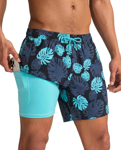 maamgic Mens Swim Trunks with Compression Liner 5 Inch, Quick Dry Bathing Suit with Zipper Pockets, Stretch No-Chafing Swim Shorts, Black-Lake Blue Leaves Large