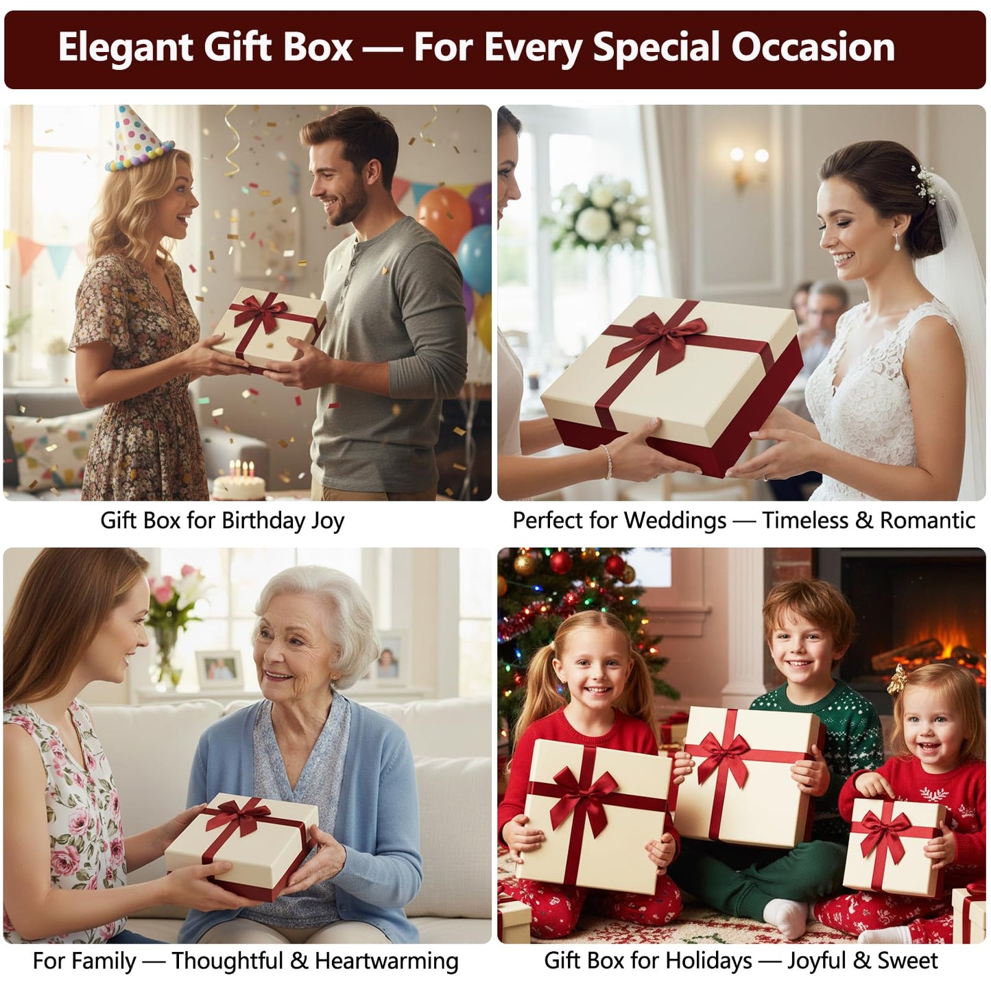 Giftilious Gift Box for Presents – A Set of 4 Elegant Gift Boxes with Lids, Luxury Textured Finish & Satin Ribbon, Ideal Gift Box for Mother's Day, Ready to Gift – No Assembly Required