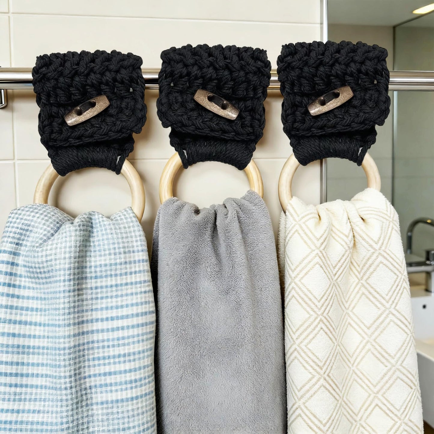 Aerbee Macrame Towel Holder Ring, 3PCS Kitchen Towel Hooks for Kitchen & Bathroom, Decorative Boho Style Kitchen Oven Towel Hanger Loop Ring, Unique Gift for Christmas, Black