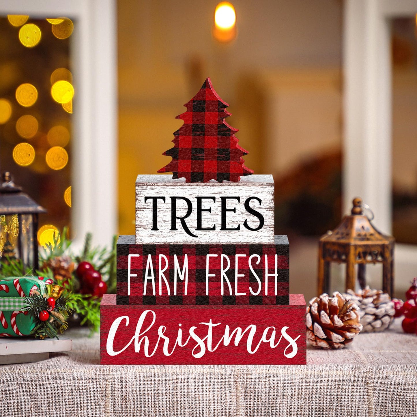 Marsui 4 Pcs Christmas Wooden Tabletop Decor Neutral Christmas Decor Rustic xmas Tree Block Sign Buffalo Plaid Table Centerpiece for Home Office Desk Tiered Tray Farmhouse Decorations