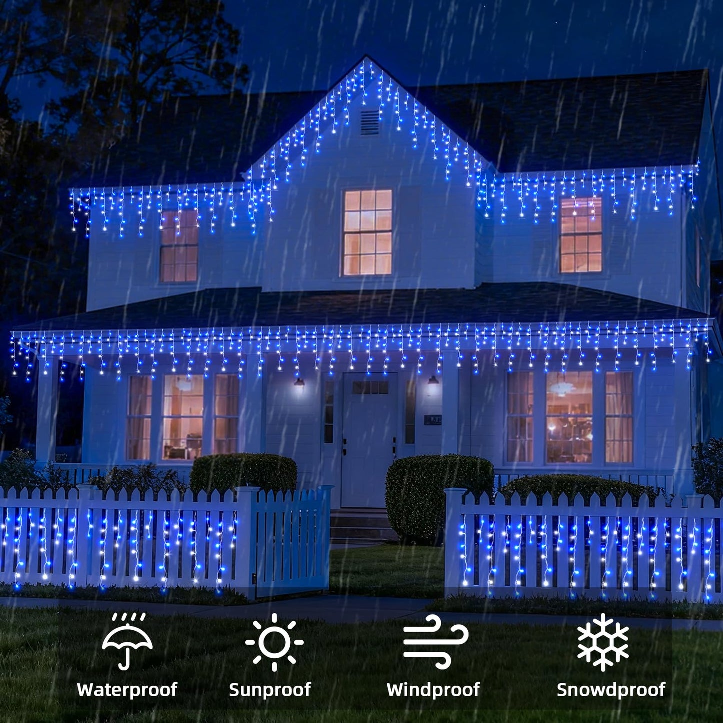 BYIZO Christmas Outdoor Icicle Lights - 480 LED 66+33 FT 8 Modes Curtain Fairy String Light Plug in, Waterproof for Eaves Yard Holiday Xmas Holiday Indoor Outdoor Decoration - Blue White
