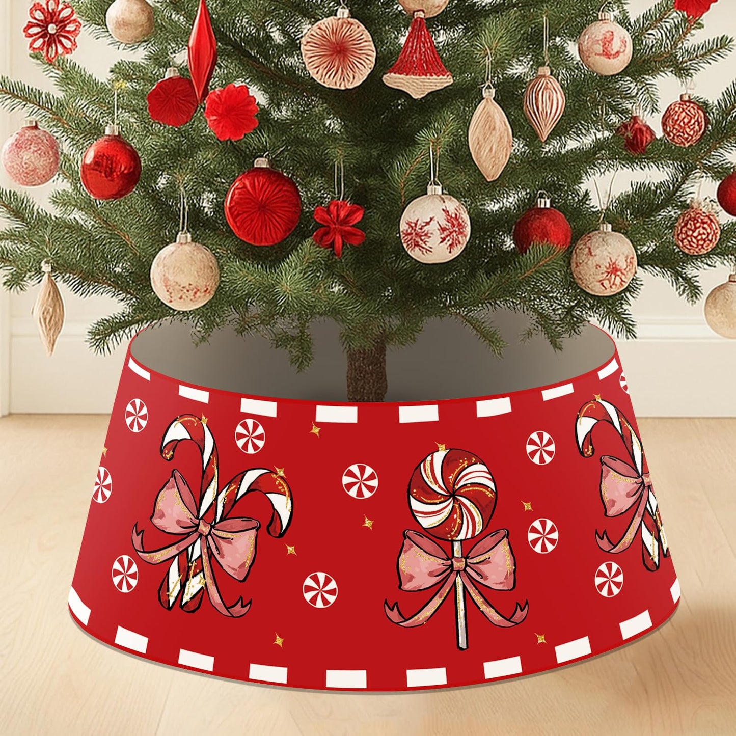 Christmas Candy Cane Tree Collar with LED Light Red Tree Skirt Blue Ring Base Cover for Christmas Trees Decoration Holiday Indoor Outdoor