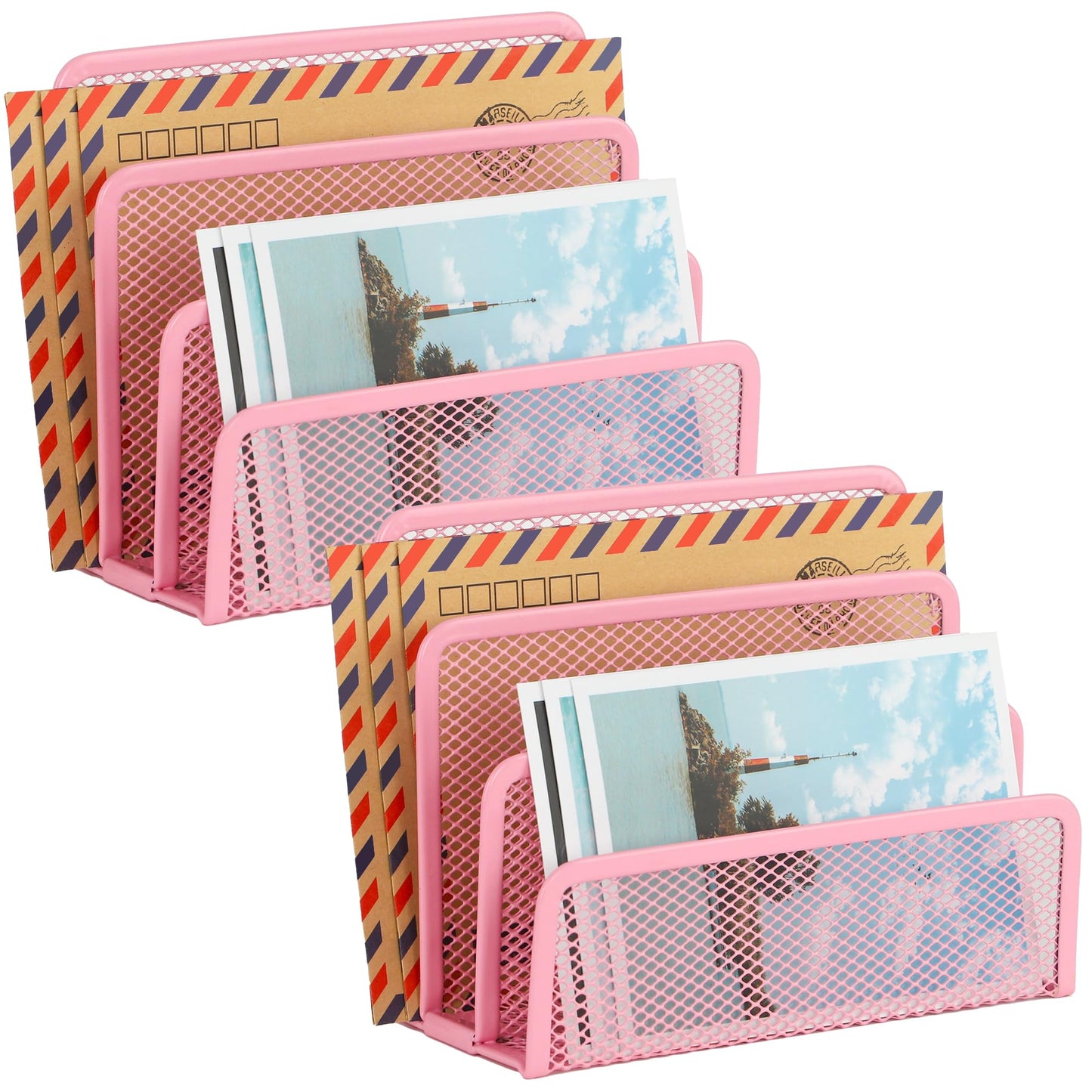 EASEPRES Desk Mail Organizer, Office Small Desktop Metal Mesh Envelope Letter Sorter Paper File Holder Organizer with 3 Vertical Upright Compartments, Pink 2 Pack