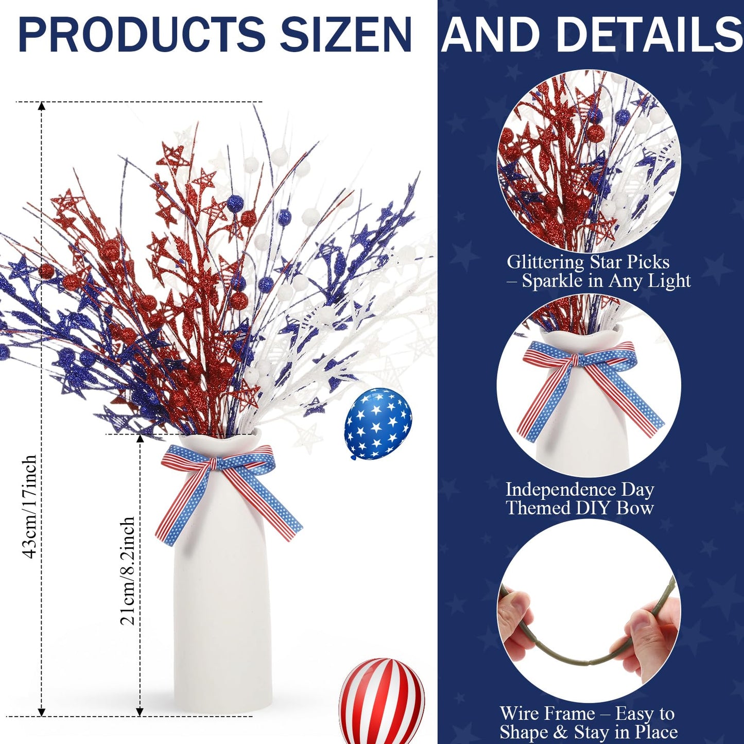 Weysat 4th of July Decorations 2 Sets Artificial Flowers and Vase Red Blue White Patriotic Flowers Memorial Day Floral Arrangement for 250th Anniversary Home Outdoor Table Decor(Star)