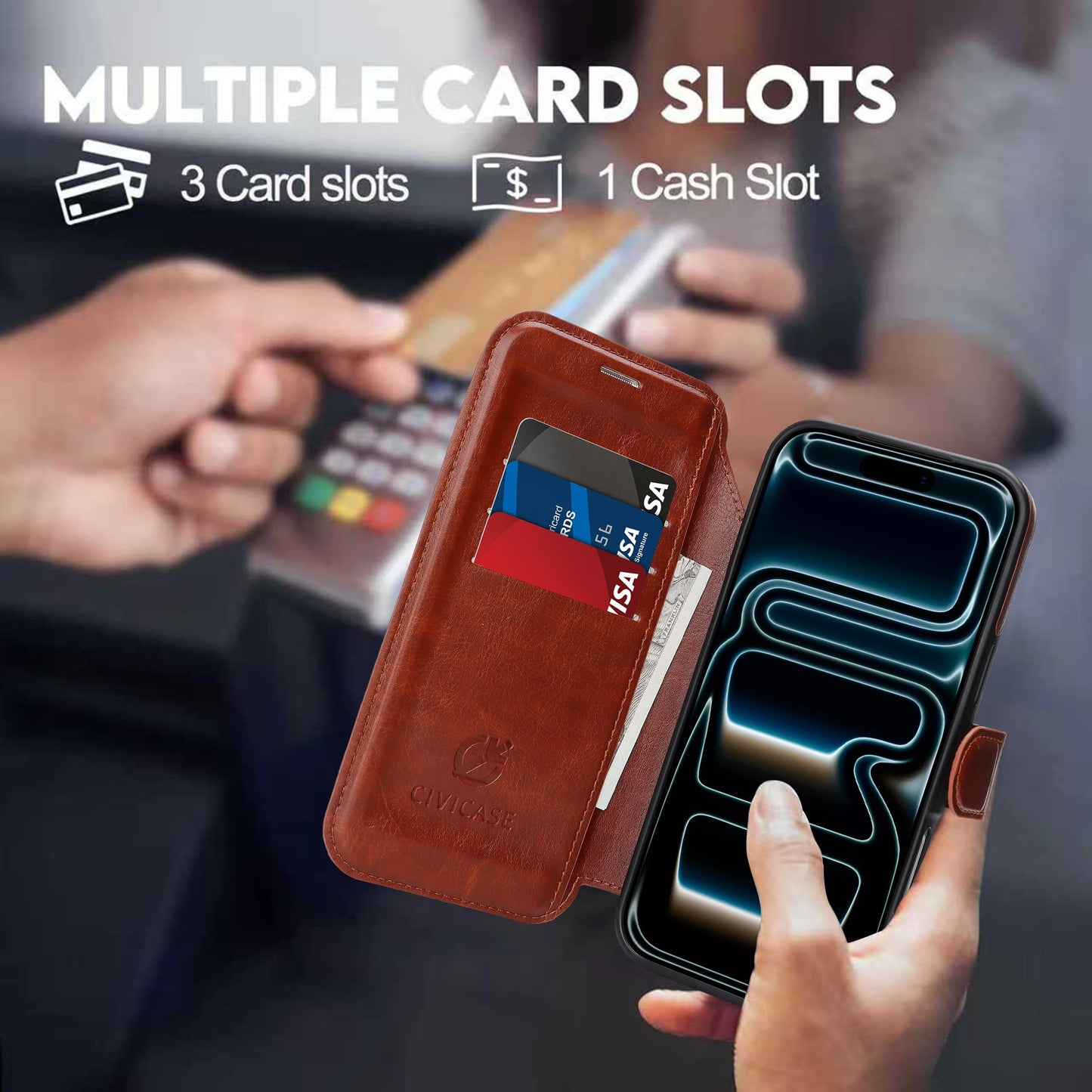 CIVICASE for iPhone 17 Pro Max Wallet Case with Stand,PU Leather Flip Credit Card Holder Slots (RFID Blocking),Compatible with Magsafe Magnetic Holder Phone Cover Women Men,Dark Brown