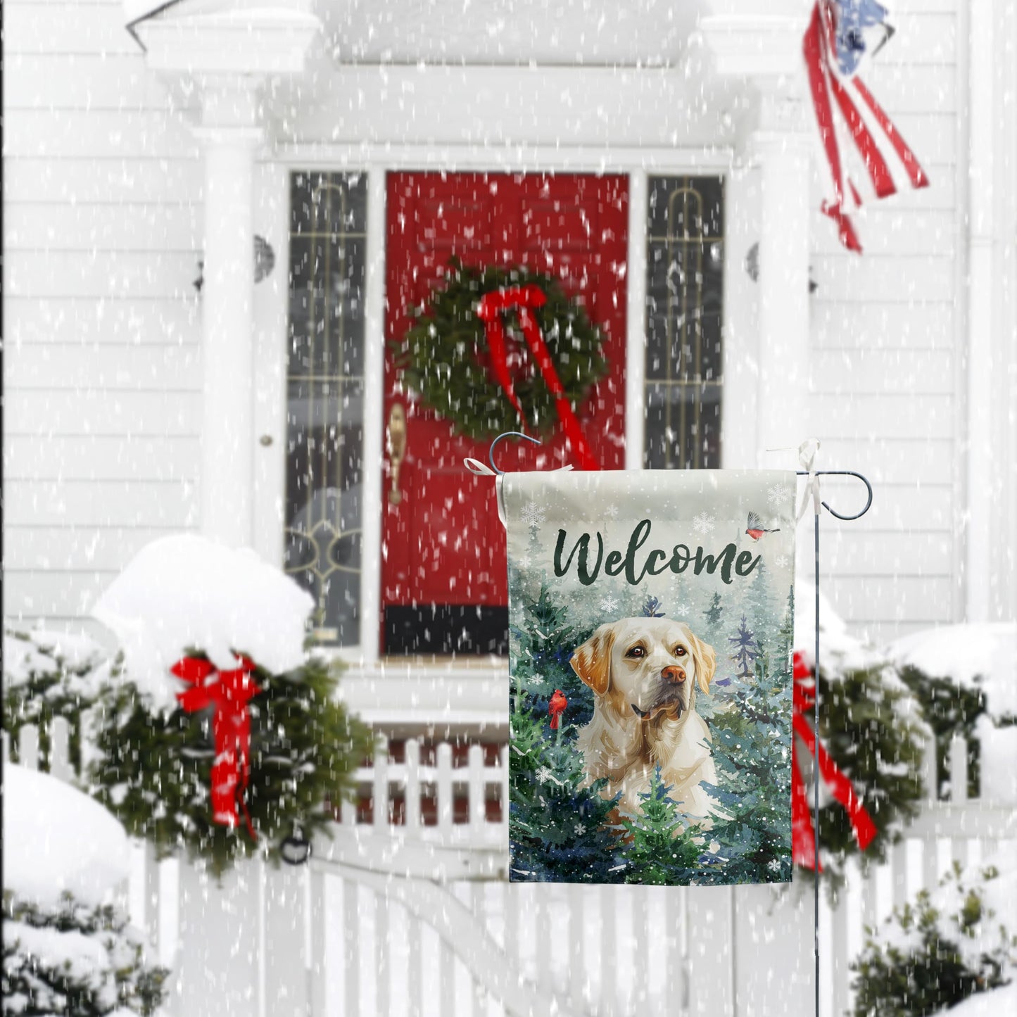 Welcome Winter Garden Flags White Lab Garden Flag Cardinal Birds on Snowy Pine Tree Flag Labrador Dog Yard Flags for Outside 12x18 Double Sided Christmas Decorative Lawn Flags