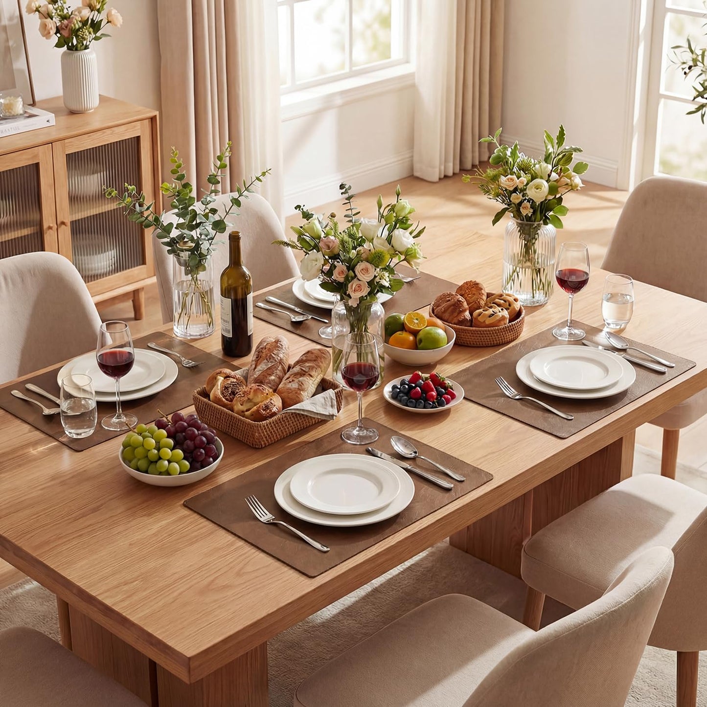 Artoid Mode Brown Faux Leather Placemats Set of 6, 12x18 Inch Waterproof Wipeable Heat Resistant Vinyl Place Mats, Reversible Table Mats for Kitchen Dining Decor