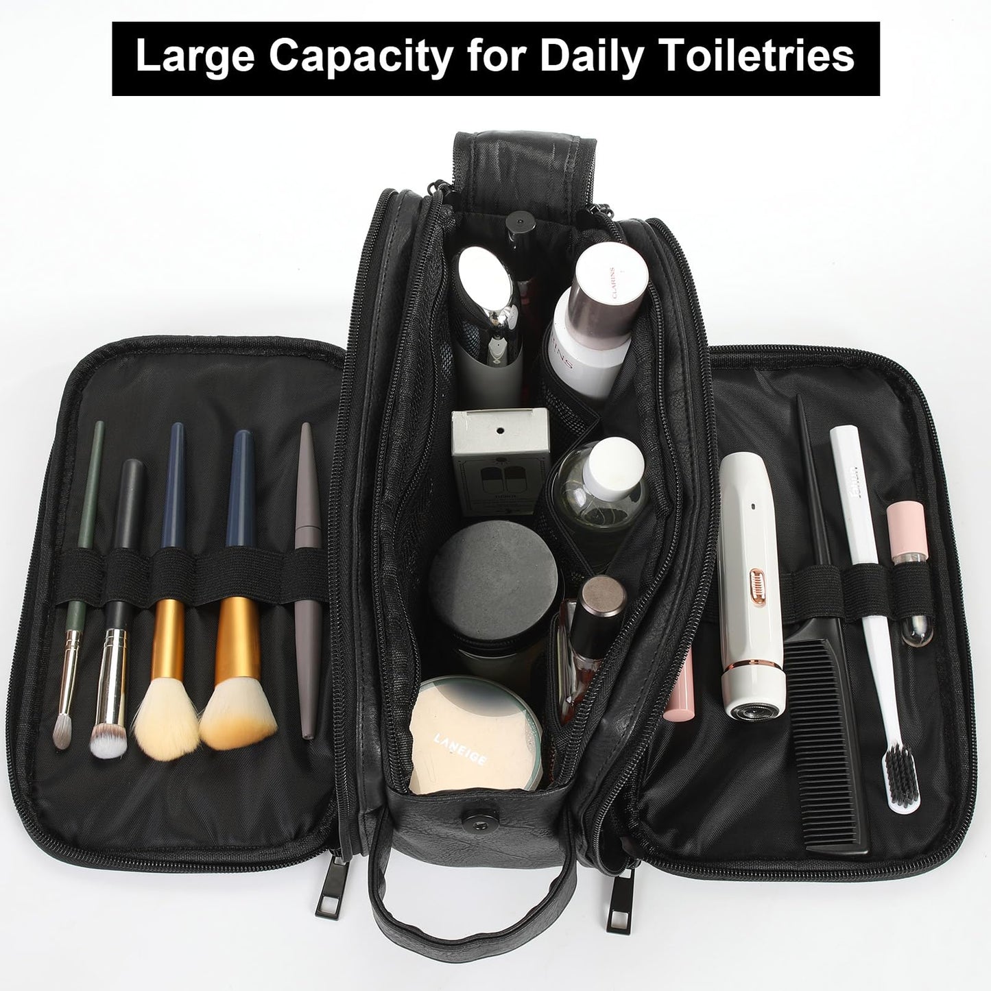 Ezday Toiletry Bag for Men and Women, Travel Essentials Shaving Dopp Kit, Travel Bag Toiletries Organizer Case for Grooming, PU Leather Water Resistant Cosmetic Bag Pouch (Black, Medium)