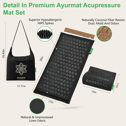 AyurMat Premium Acupressure Mat and Pillow Set - Natural Eco-Friendly Linen & Coconut Fiber,Ergonomic Design,Relieves Stress & Tension,with Carrying Bag,Full Body Pro Set